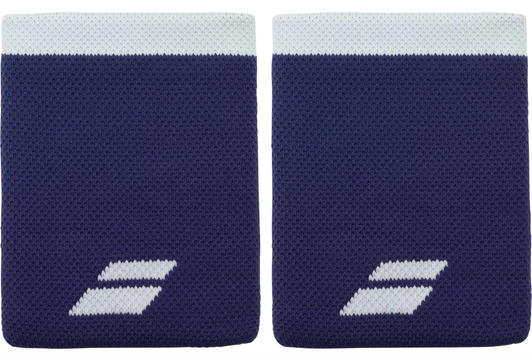 The Babolat Logo Jumbo Wristband in Illusion Blue features a bold white logo, a white top stripe, and sweat-absorbing fabric—ideal for peak performance on the court.