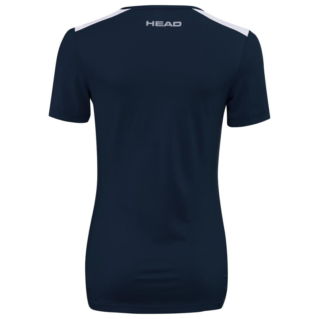 Rear view of the HEAD Womens Club Tech 22 Badminton T-Shirt in dark blue, showcasing short sleeves and enhanced with HEAD Sportswear's Moisture Transfer Microfibre Technology. The shirt includes white detailing on the shoulders and displays the "HEAD" brand name in white on the upper back.