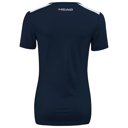 Rear view of the HEAD Womens Club Tech 22 Badminton T-Shirt in dark blue, showcasing short sleeves and enhanced with HEAD Sportswear's Moisture Transfer Microfibre Technology. The shirt includes white detailing on the shoulders and displays the "HEAD" brand name in white on the upper back.