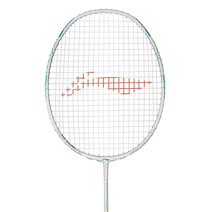 The Li-Ning Axforce 60 5U Badminton Racket in Pearl White features a red, stylized string pattern, displayed against a plain white background.