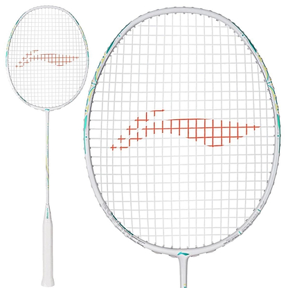 A close-up and full-length view of the Li-Ning Axforce 60 5U Badminton Racket - Pearl White is shown, highlighting its red string pattern and advanced FRTP technology.