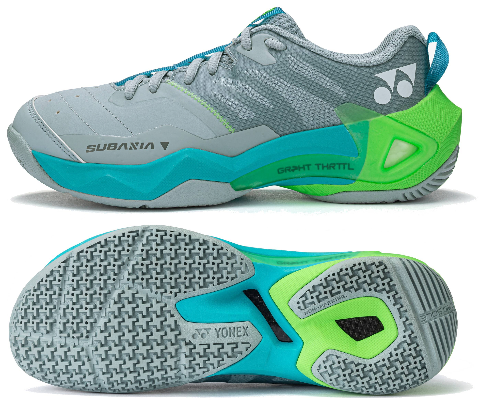 A pair of Yonex Subaxia GT 2026 Women's Badminton Shoes in grayish green is shown from the side and bottom; featuring Yonex branding on the side and a textured sole with GRPHT THRTTL technology for improved grip.