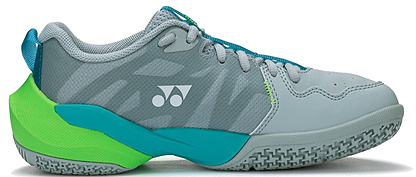 The Yonex Subaxia GT 2026 Women's Badminton Shoe in grayish green features teal and bright green accents, a textured sole, GRPHT THRTTL technology, and a white Yonex logo on the side.