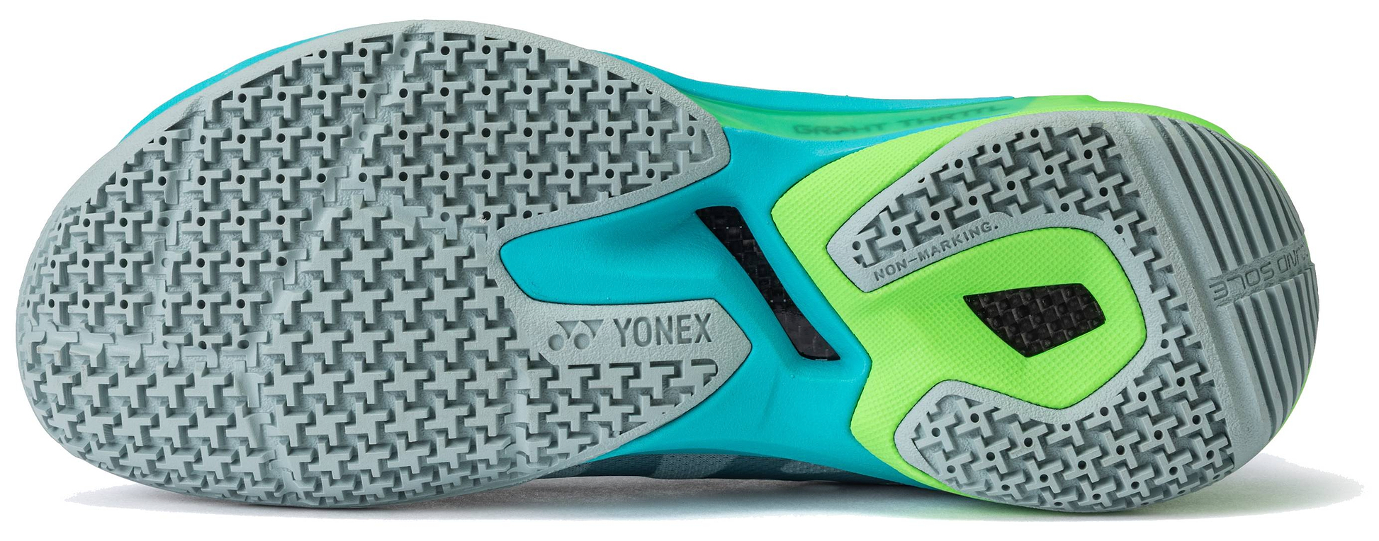 Close-up of the sole on Yonex Subaxia GT 2026 Womens Badminton Shoes in Grayish Green, showcasing a textured pattern, grip tread, Yonex logo, GRPHT THRTTL tech, and "NON-MARKING" detail.