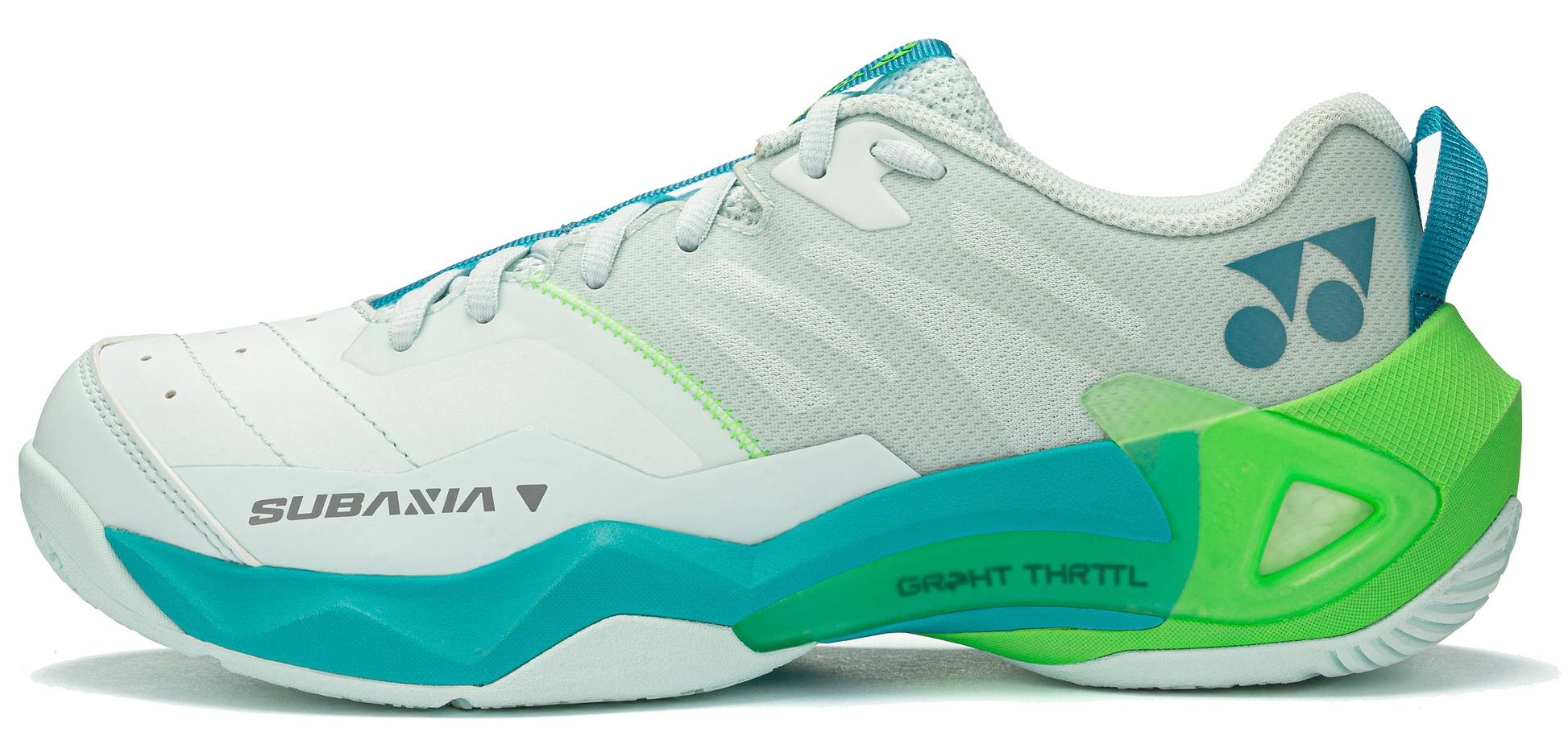 The Yonex Subaxia GT 2026 Men's Badminton Shoes in pale green blend style and performance, with sleek accents, "SUBAMIA" branding on the side, and "GRPHT THRTTL" on the midsole—ideal for badminton enthusiasts.