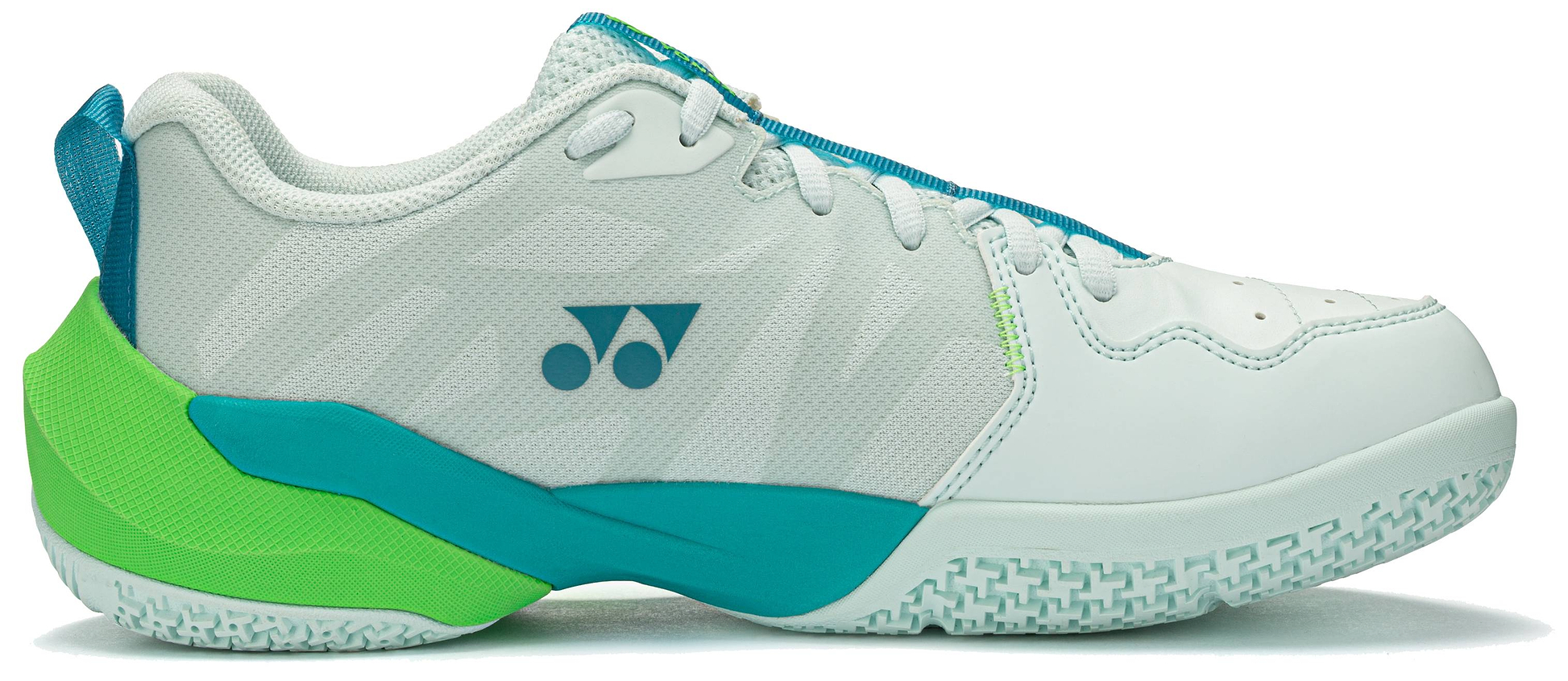 The Yonex Subaxia GT 2026 Mens Badminton Shoes in pale green feature mesh panels, a textured sole with GRPHT THRTTL tech for better performance, and a blue Yonex logo with two dots and a triangle on the side.
