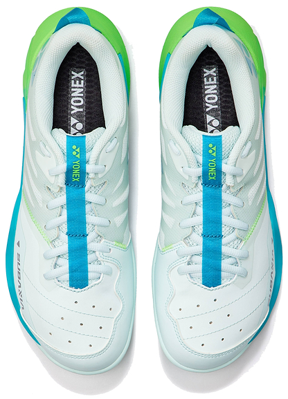The Yonex Subaxia GT 2026 Mens Badminton Shoes in Pale Green are shown from above, featuring laces, logo on the tongues, perforated toes, and innovative GRPHT THRTTL technology.