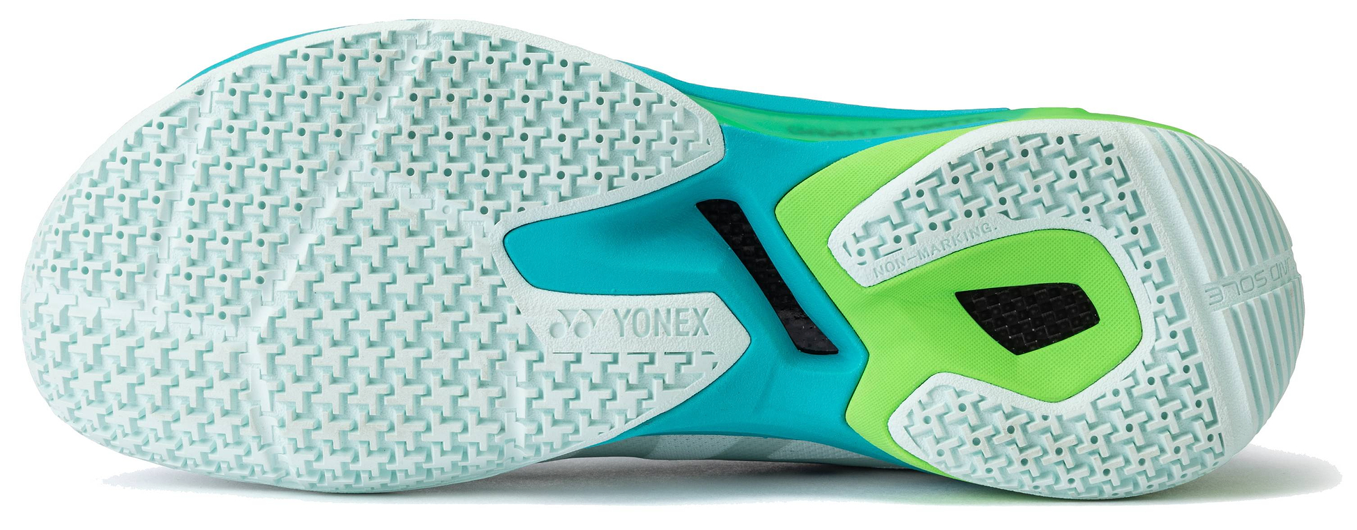Close-up of the Yonex Subaxia GT 2026 Mens Badminton Shoes in pale green, showing a textured sole with white, turquoise, and lime sections, visible Yonex branding, and GRPHT THRTTL technology for improved performance.