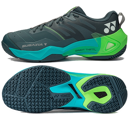 The Yonex Subaxia GT WIDE 2026 Unisex Badminton Shoes in dark green feature neon accents, side logo, "SUBANIA" on the upper, and a textured sole with green highlights and branding—ideal as Power Cushion Rev badminton shoes.