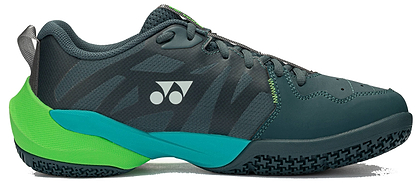 The Yonex Subaxia GT WIDE 2026 Unisex Badminton Shoes in dark green feature black and bright green accents, a teal sole, white Yonex logo, and Power Cushion Rev technology for indoor court sports.