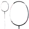 A close-up image highlights the Li-Ning Halbertec 2000 4U Badminton Racket - Cool Ebony, showcasing its black and white frame known for its robust construction. The racket is equipped with a white grip and features subtle pink accents along the frame, while the invisible strings provide an unobstructed view through the center.