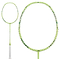 The Li-Ning Axforce Cannon Light 5U Badminton Racket in green is showcased, featuring a lightweight design and a lime green frame with black diagonal strings and a white grip. The plain white background highlights the racket's sleek design and vibrant color.