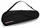 The BadmintonHQ 6 Racket Badminton Bag - Black features a zippered main compartment, angled zipper pocket, single shoulder strap, and the white and pink BadmintonHQ logo—perfect for carrying your badminton gear.