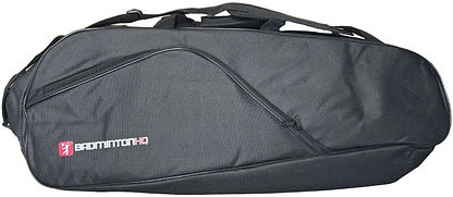 The BadmintonHQ 3 Racket Badminton Bag in black features a curved zipper pocket, top handle, and fits up to 3 rackets. "BADMINTON HQ" logo and text in white and pink are printed on the left side.