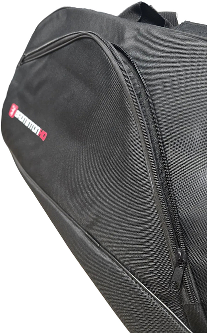 The BadmintonHQ 3 Racket Badminton Bag in black features a textured fabric, partial main zipper, and the "BADMINTON 4D" logo in red and white on the side. Holds up to 3 rackets. Brand: BadmintonHQ.