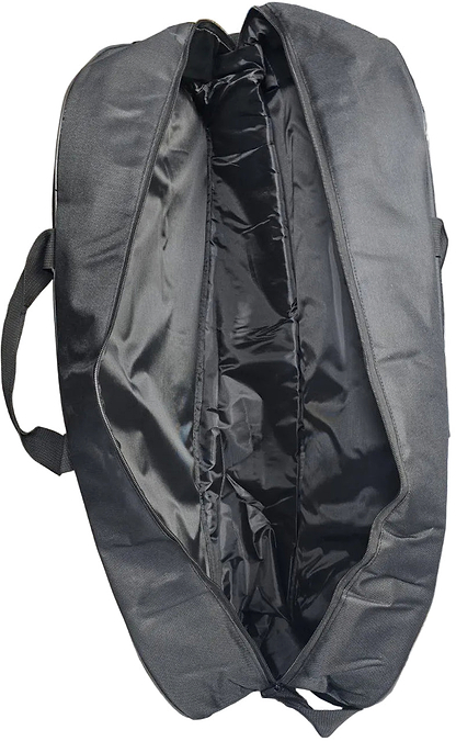 The BadmintonHQ 3 Racket Badminton Bag - Black by BadmintonHQ features a spacious, shiny-lined interior, two sturdy side handles, and a zippered opening—perfect for carrying up to three badminton rackets.