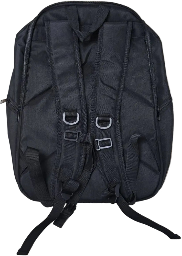 The BadmintonHQ Badminton Backpack in black by BadmintonHQ is shown from the back, featuring two padded, adjustable shoulder straps with attachment loops and black strap ends. The design is simple and functional.