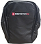 The BadmintonHQ Badminton Backpack - Black features white and red BADMINTONHQ branding, two zipped side compartments, and a spacious central section—ideal as your everyday racket backpack.