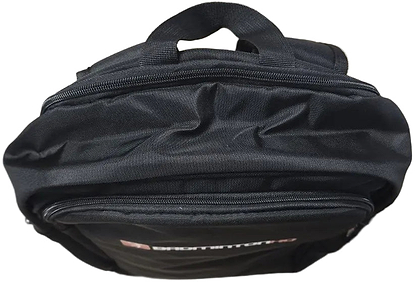 The BadmintonHQ Badminton Backpack - Black features fabric construction, a top handle, and multiple zippered compartments, viewed from above.