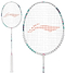 The Li-Ning Axforce Big Bang 4U Badminton Racket in Pearl White features a pink, teal, and white shaft and head design for intermediate to advanced players. Orange strings create a unique pattern. Images show both full view and close-up.