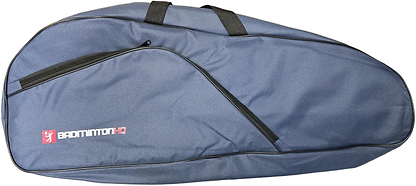 The BadmintonHQ 3 Racket Badminton Bag - Blue features a black zipper and handle, with the white and red "BADMINTON HQ" logo on the side. Carry your gear in style to every match with this branded bag from BadmintonHQ.