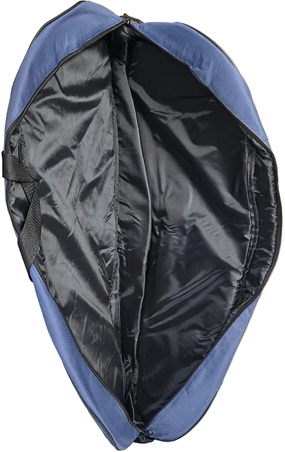 The BadmintonHQ 3 Racket Badminton Bag - Blue is shown open, displaying its smooth black interior lining and a side black carrying strap. This soft-sided, zippered bag is designed by BadmintonHQ for convenient storage and transport.