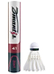 A tube labeled "Zmatis Sports Collection 41" stands upright next to a Dmantis D41 Hybrid Badminton Feather Shuttlecock—Speed 78 by Dmantis, featuring a durable nylon skirt and aerodynamic design, against a plain background.
