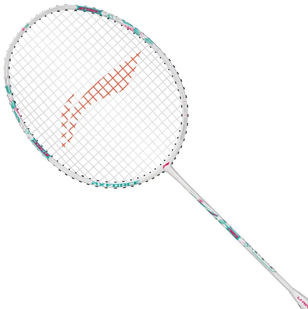 The Li-Ning Axforce Big Bang 4U Badminton Racket - Pearl White, designed for intermediate to advanced players, features turquoise and pink accents with a red logo on the string bed, shown against a plain white background.