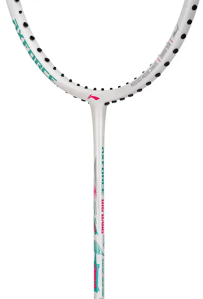 A close-up of the Li-Ning Axforce Big Bang 4U Badminton Racket - Pearl White, designed for intermediate to advanced players, showing part of the racket head and shaft against a plain white background.