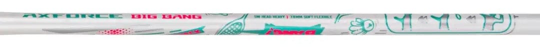 A close-up of the Li-Ning Axforce Big Bang 4U Badminton Racket - Pearl White shows its white shaft with teal and pink "AXFORCE BIG BANG" graphics—an ideal choice from Li-Ning for intermediate to advanced players.