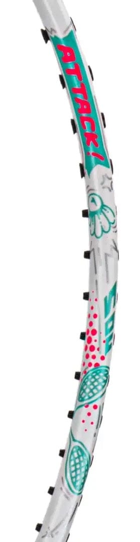 A close-up of the Li-Ning Axforce Big Bang 4U Badminton Racket - Pearl White shows teal and pink graphics with "ATTACK!", shuttlecock illustrations, and dots, crafted by Li-Ning for intermediate to advanced players.