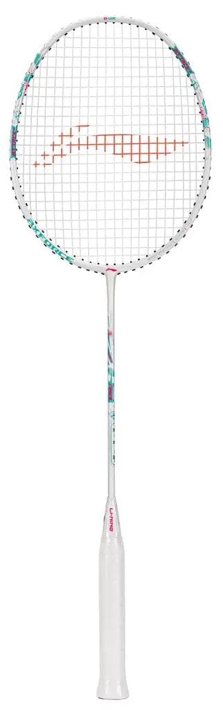 The Li-Ning Axforce Big Bang 4U Badminton Racket in Pearl White features a floral frame and shaft, white grip, and orange strings—perfect for intermediate to advanced players who want both style and top performance.