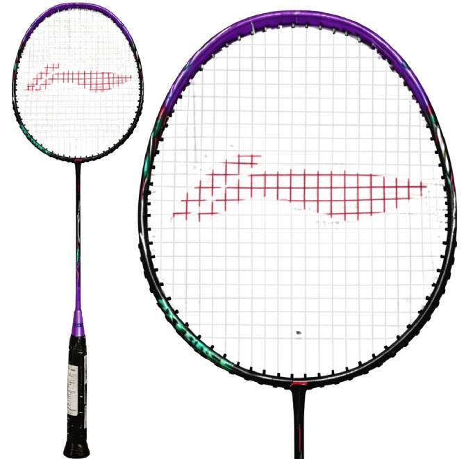 The Li-Ning Axforce 9 3U Badminton Racket - Zircon features a black frame with purple accents, red string pattern, and black grip tape. Shown are full view and close-up images of the racket head.