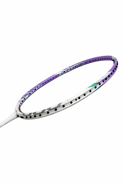 A close-up of the Li-Ning BladeX 600 4U Badminton Racket - White/Purple shows its ultra carbon frame with purple accents, highlighting the string holes without strings.