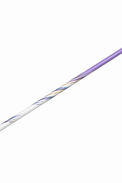 A close-up of the Li-Ning BladeX 600 4U Badminton Racket in white and purple, featuring a sleek shaft with a spiral metallic pattern and ultra carbon build, displayed against a white background.