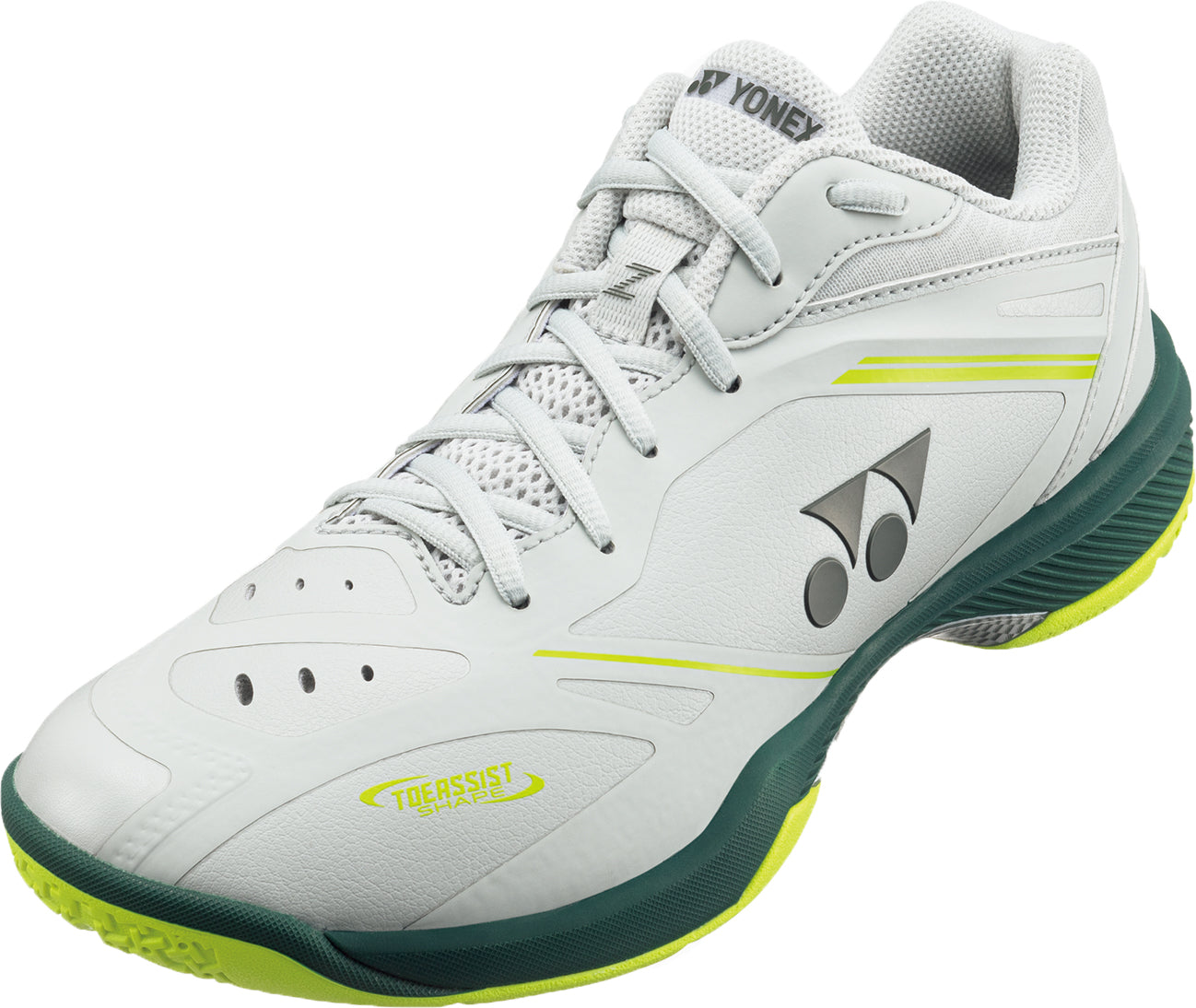 The Yonex Power Cushion 65Z4 Viktor Axelsen Men's Badminton Shoes in white/lime feature neon accents and a side logo, designed for court sports and inspired by the Viktor Axelsen Signature collection.