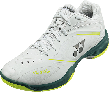 The Yonex Power Cushion 65Z4 Viktor Axelsen Men's Badminton Shoes in white/lime feature neon accents and a side logo, designed for court sports and inspired by the Viktor Axelsen Signature collection.