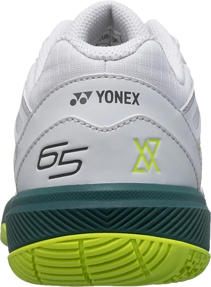 Rear view of Yonex Power Cushion 65Z4 Viktor Axelsen Men's Badminton Shoes in White/Lime, featuring the Yonex logo, branding, number 65, stylized “XX” heel design, and Viktor Axelsen signature details.