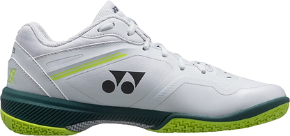 The Yonex Power Cushion 65Z4 Viktor Axelsen Men’s Badminton Shoes in White/Lime feature laces, a low-cut design, green accents, a green-yellow sole, and are part of the Viktor Axelsen Signature collection.