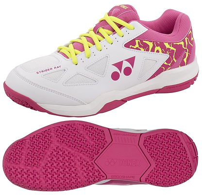 Yonex Power Cushion Strider Ray Women's Badminton Shoes in white and pink feature yellow laces, a pink and yellow heel pattern, a textured pink sole, Yonex logos on side and sole, and Power Cushion technology for court comfort.