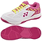 Yonex Power Cushion Strider Ray Women's Badminton Shoes in white and pink feature yellow laces, a pink and yellow heel pattern, a textured pink sole, Yonex logos on side and sole, and Power Cushion technology for court comfort.