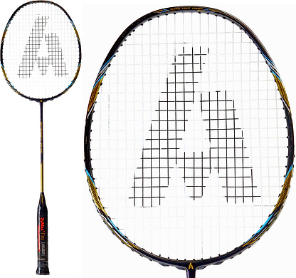 The Ashaway Superlight 99 SQ 5U Badminton Racket in gold and black, featuring a large "A" logo at the center of the string bed, is shown in full-length and close-up views.