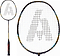 The Ashaway Superlight 99 SQ 5U Badminton Racket in gold and black, featuring a large "A" logo at the center of the string bed, is shown in full-length and close-up views.