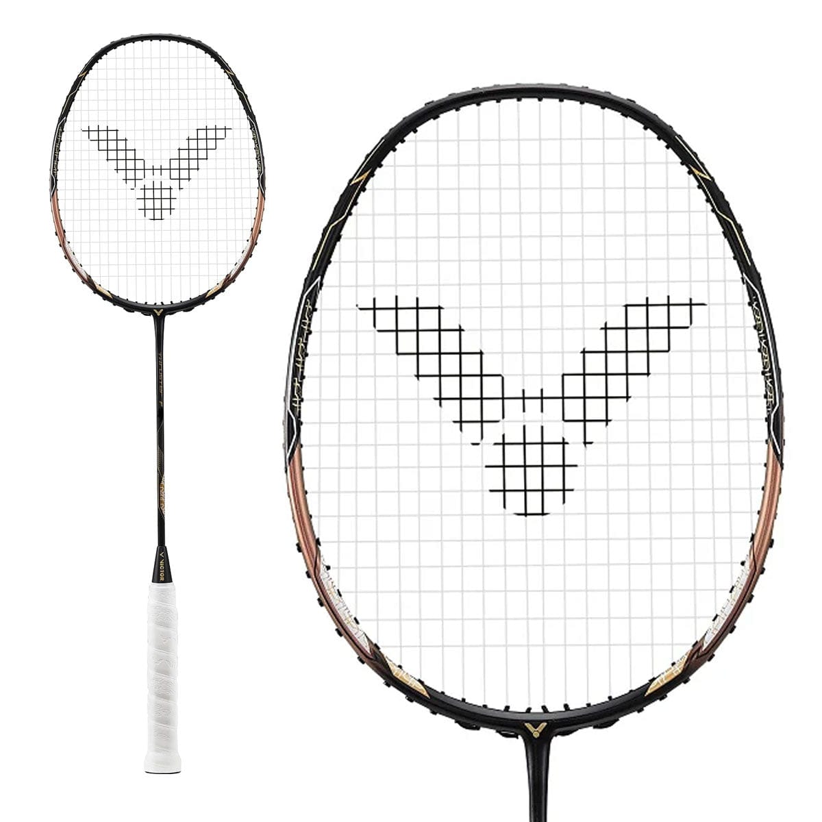 The Victor Thruster F C Badminton Racket - Black Gold features a white grip and distinctive “V” string pattern, shown in full view with a close-up of the head—ideal for advanced doubles play and inspired by the Thruster F Enhanced Edition.