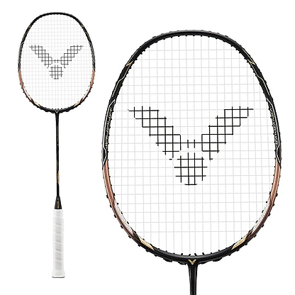 The Victor Thruster F C Badminton Racket - Black Gold features a white grip and distinctive “V” string pattern, shown in full view with a close-up of the head—ideal for advanced doubles play and inspired by the Thruster F Enhanced Edition.