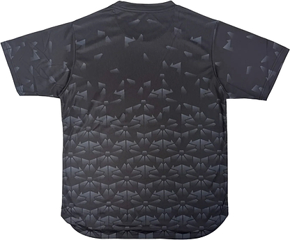 The Yonex YTM2025B Men's Badminton T-Shirt in black features short sleeves and a subtle geometric pattern of glossy triangles, shown from the back against a white background.
