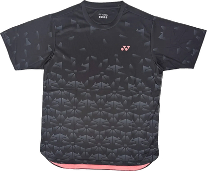 The Yonex YTM2025B Men's Badminton T-Shirt in black features a subtle geometric pattern, rounded neckline, small pink Yonex logo on the left chest, and pink fabric lining inside the bottom hem.