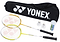 The Yonex GR505 Badminton Racket Set - Orange Yellow includes two rackets, two white shuttlecocks, a shuttlecock tube, and a black Yonex carrying bag—ideal for recreational play.