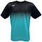 The Yonex YTM5 Men's Badminton T-Shirt is crafted from moisture-wicking polyester, featuring a black upper half that transitions into a teal lower half with a dotted gradient effect. It includes a small white logo on the left chest.
