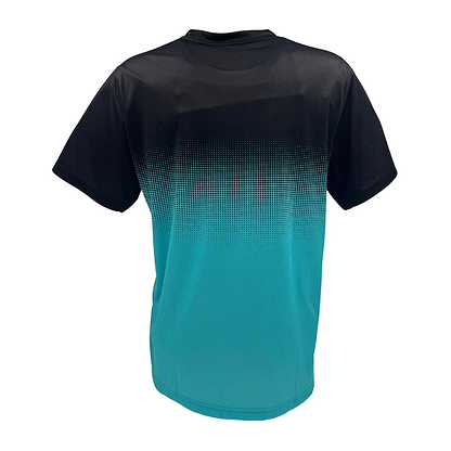 The Yonex YTM5 Men's Badminton T-Shirt showcases a gradient design from black to turquoise, made of moisture-wicking polyester. It features short sleeves and highlights the stylish back view against a white background.